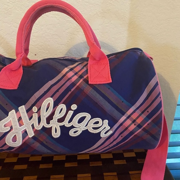 Vintage Tommy Hilfiger 13”x10”Plaid Academia Duffle Crossbody Bag Pink Blue - Picture 7 of 16